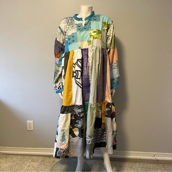 Hand Stitched Patchwork Multicolored Spring Tiered Maxi Dress Size L - Picture 1 of 11